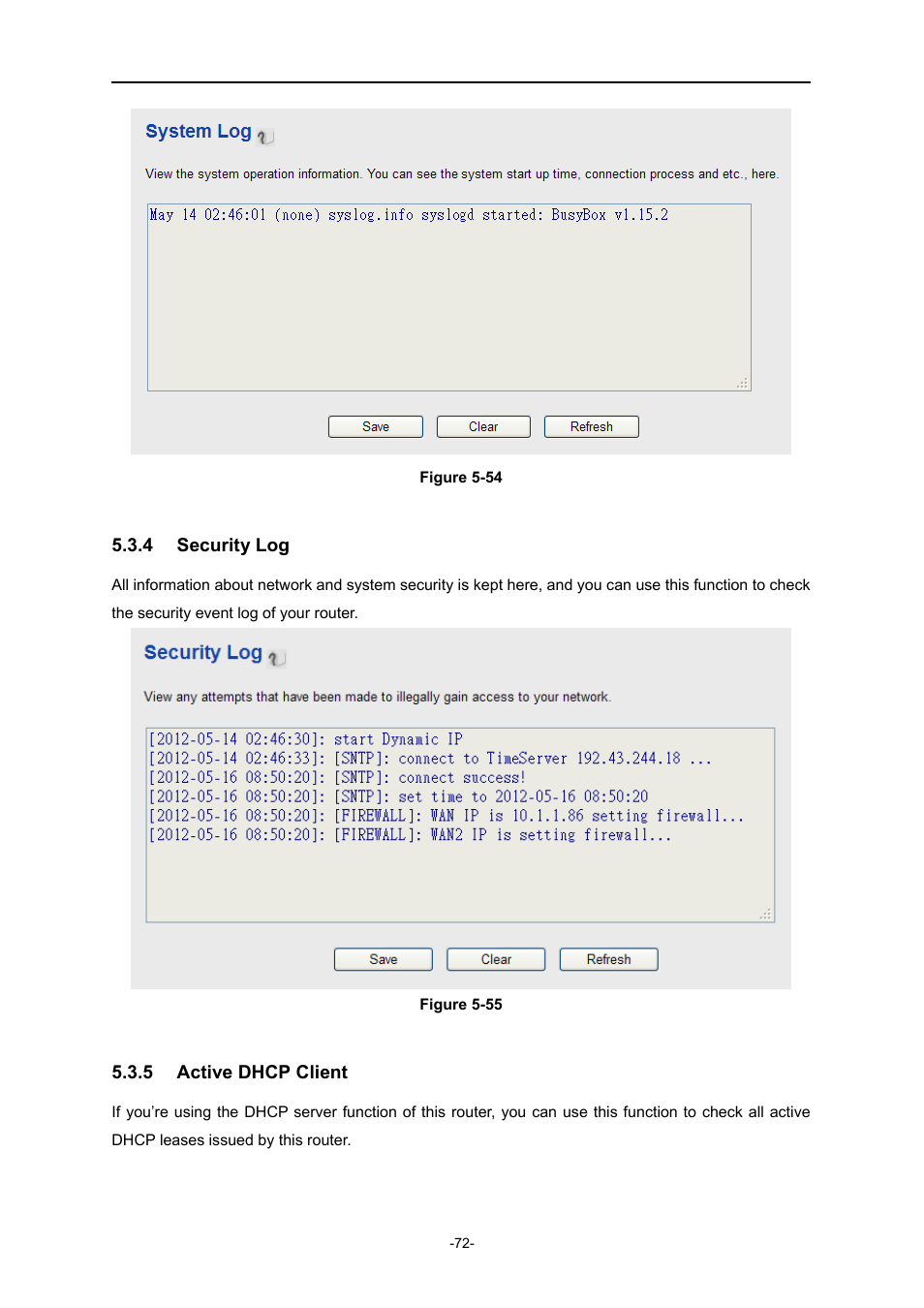 4 security log, 5 active dhcp client, Security log | Active dhcp client | PLANET WDRT-730 User Manual | Page 79 / 105