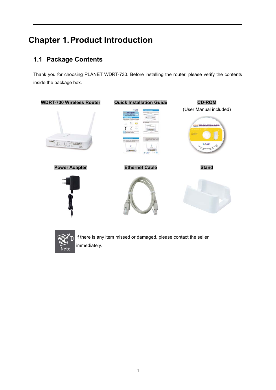 Chapter 1. product introduction, 1 package contents, Chapter 1 | Product introduction, Package contents | PLANET WDRT-730 User Manual | Page 8 / 105