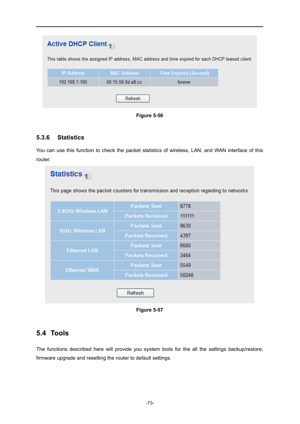 6 statistics, 4 tools, Statistics | Tools | PLANET WDRT-730 User Manual | Page 80 / 105