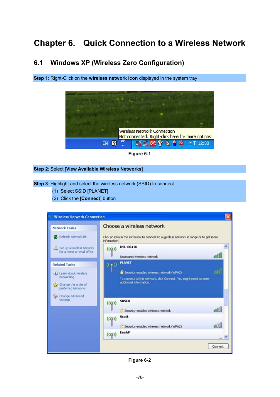 Chapter 6. quick connection to a wireless network, 1 windows xp (wireless zero configuration), Chapter 6 | Quick connection to a wireless network, Windows xp (wireless zero configuration) | PLANET WDRT-730 User Manual | Page 83 / 105