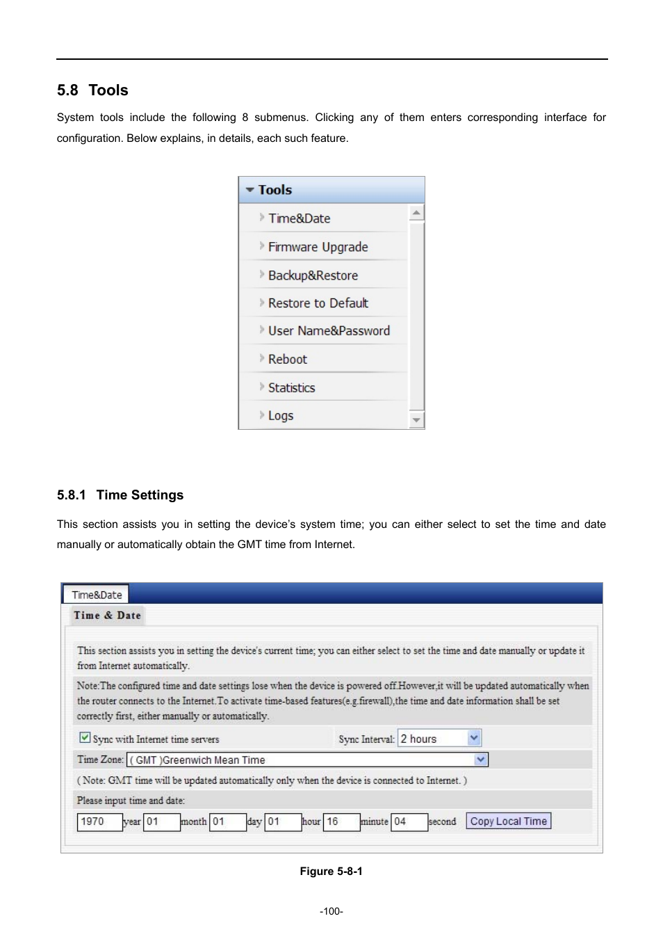 8 tools, 1 time settings, Tools | Time settings | PLANET WDRT-731U User Manual | Page 106 / 133