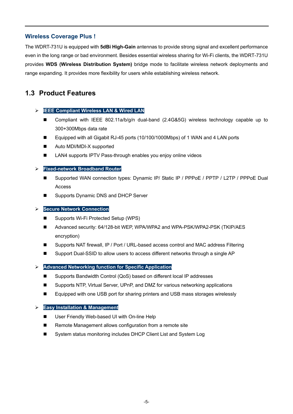 3 product features, Product features | PLANET WDRT-731U User Manual | Page 11 / 133