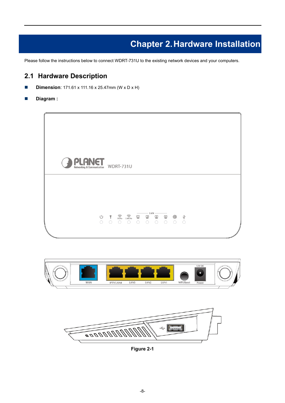 Chapter 2. hardware installation, 1 hardware description, Chapter 2 | Hardware installation, Hardware description | PLANET WDRT-731U User Manual | Page 14 / 133