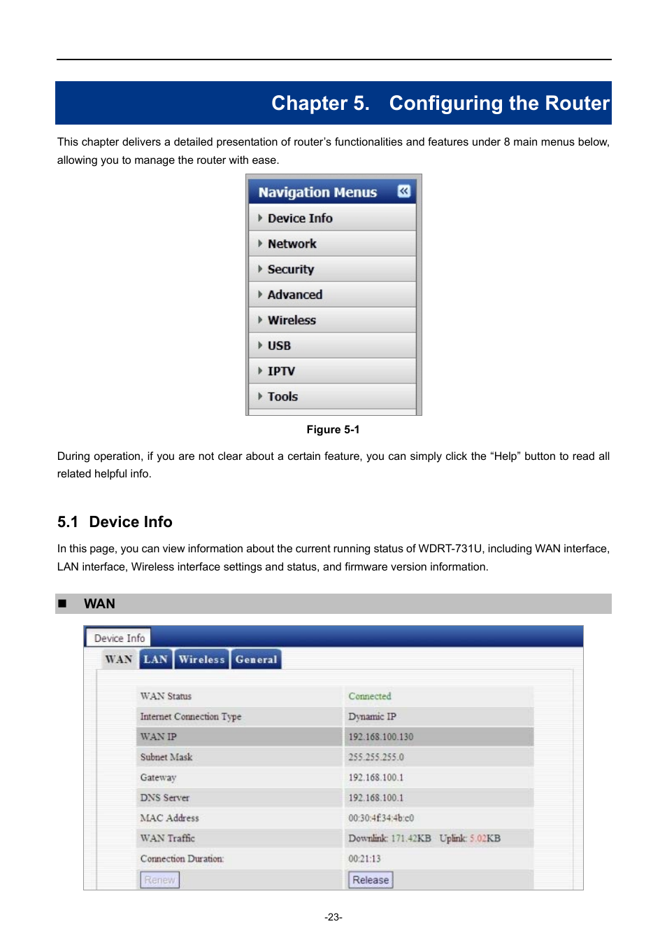 Chapter 5. configuring the router, 1 device info, Chapter 5 | Configuring the router, Device info | PLANET WDRT-731U User Manual | Page 29 / 133