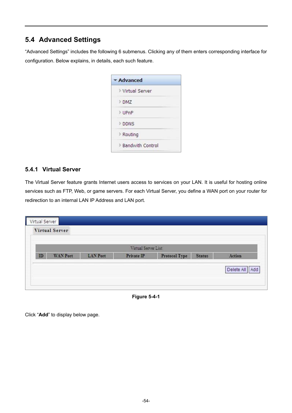 4 advanced settings, 1 virtual server, Advanced settings | Virtual server | PLANET WDRT-731U User Manual | Page 60 / 133