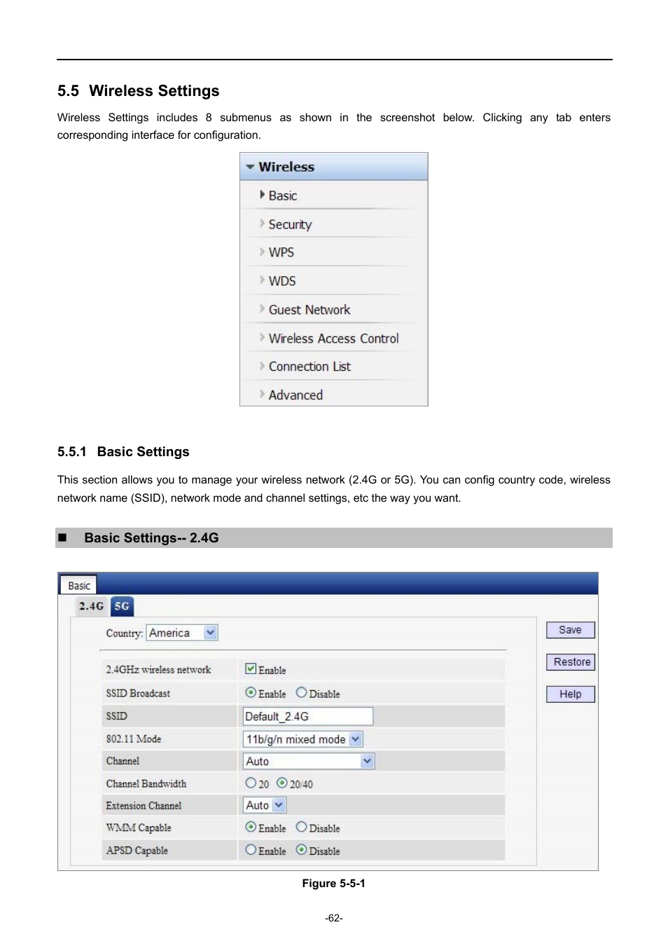 5 wireless settings, 1 basic settings, Wireless settings | Basic settings | PLANET WDRT-731U User Manual | Page 68 / 133