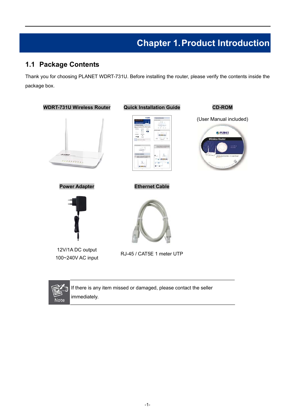 Chapter 1. product introduction, 1 package contents, Chapter 1 | Product introduction, Package contents | PLANET WDRT-731U User Manual | Page 7 / 133