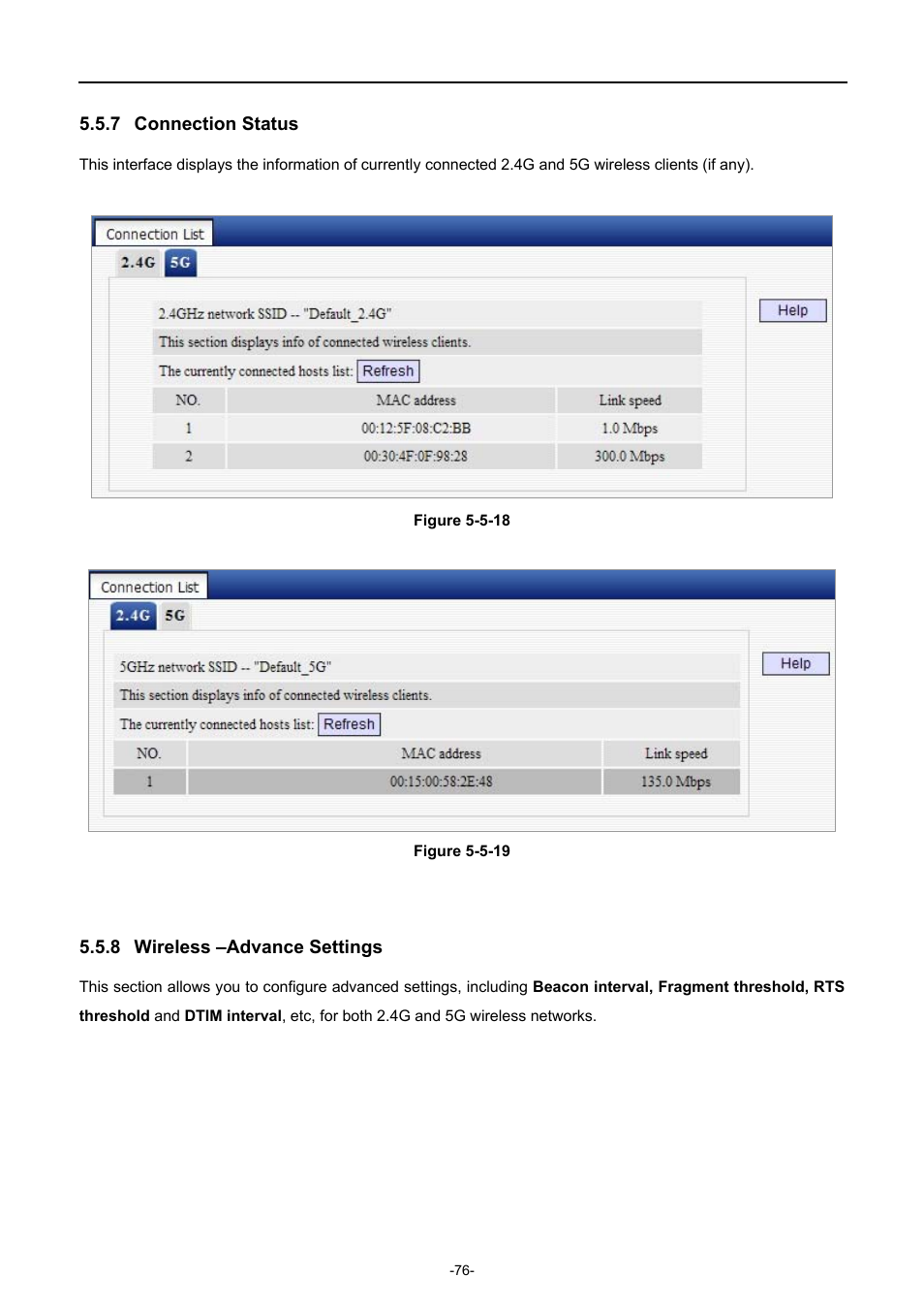 7 connection status, 8 wireless –advance settings, Connection status | Wireless –advance settings | PLANET WDRT-731U User Manual | Page 82 / 133