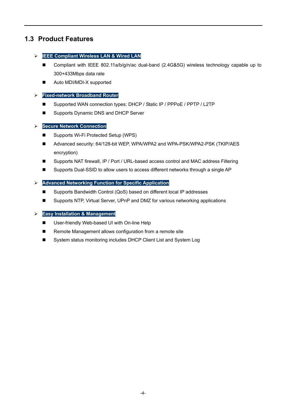 3 product features, Product features | PLANET WDRT-750AC User Manual | Page 10 / 90