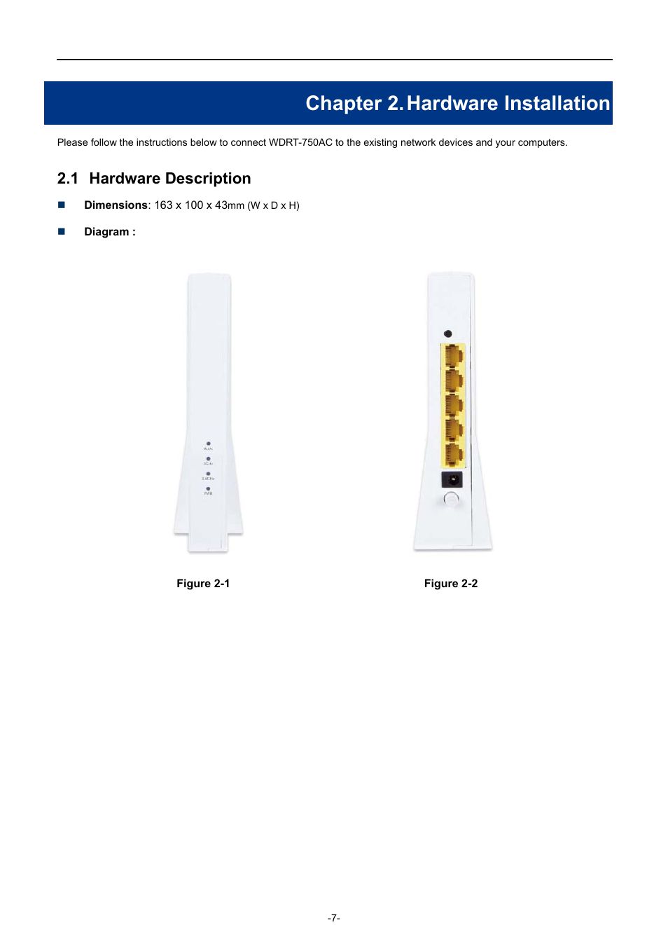 Chapter 2. hardware installation, 1 hardware description, Chapter 2 | Hardware installation, Hardware description | PLANET WDRT-750AC User Manual | Page 13 / 90
