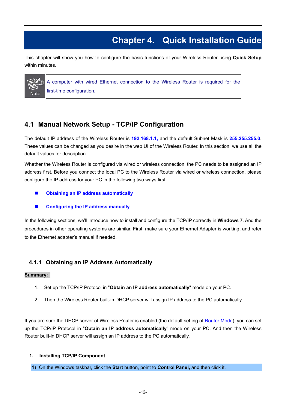 Chapter 4. quick installation guide, 1 manual network setup - tcp/ip configuration, 1 obtaining an ip address automatically | Chapter 4, Quick installation guide, Manual network setup - tcp/ip configuration, Obtaining an ip address automatically | PLANET WDRT-750AC User Manual | Page 18 / 90