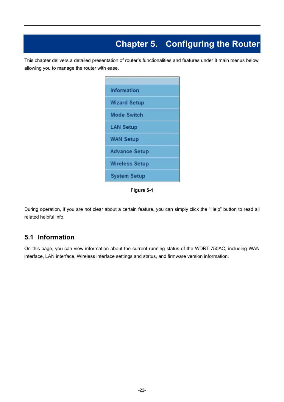 Chapter 5. configuring the router, 1 information, Chapter 5 | Configuring the router, Information | PLANET WDRT-750AC User Manual | Page 28 / 90