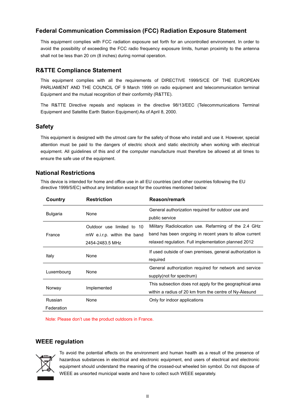 R&tte compliance statement, Safety, National restrictions | Weee regulation | PLANET WDRT-750AC User Manual | Page 3 / 90