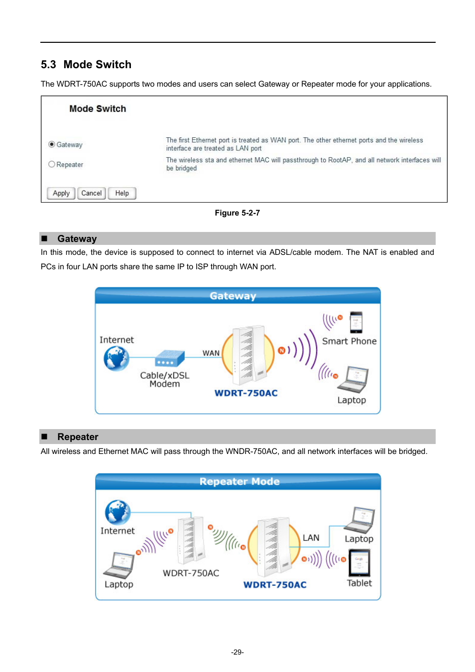 3 mode switch, Mode switch | PLANET WDRT-750AC User Manual | Page 35 / 90