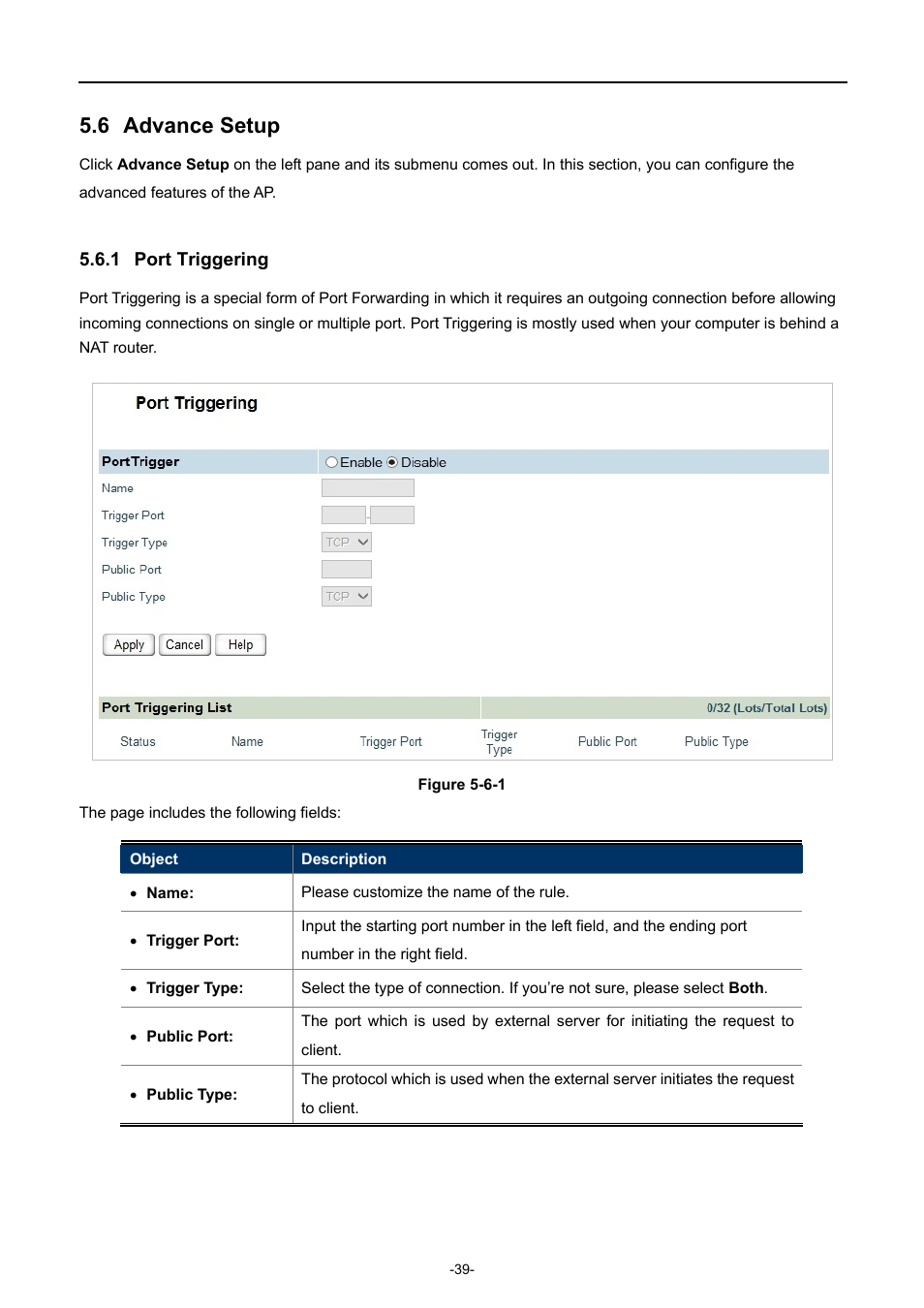 6 advance setup, 1 port triggering, Advance setup | Port triggering | PLANET WDRT-750AC User Manual | Page 45 / 90