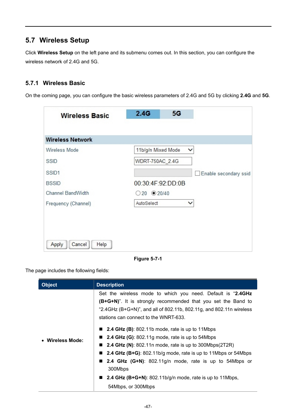 7 wireless setup, 1 wireless basic, Wireless setup | Wireless basic | PLANET WDRT-750AC User Manual | Page 53 / 90