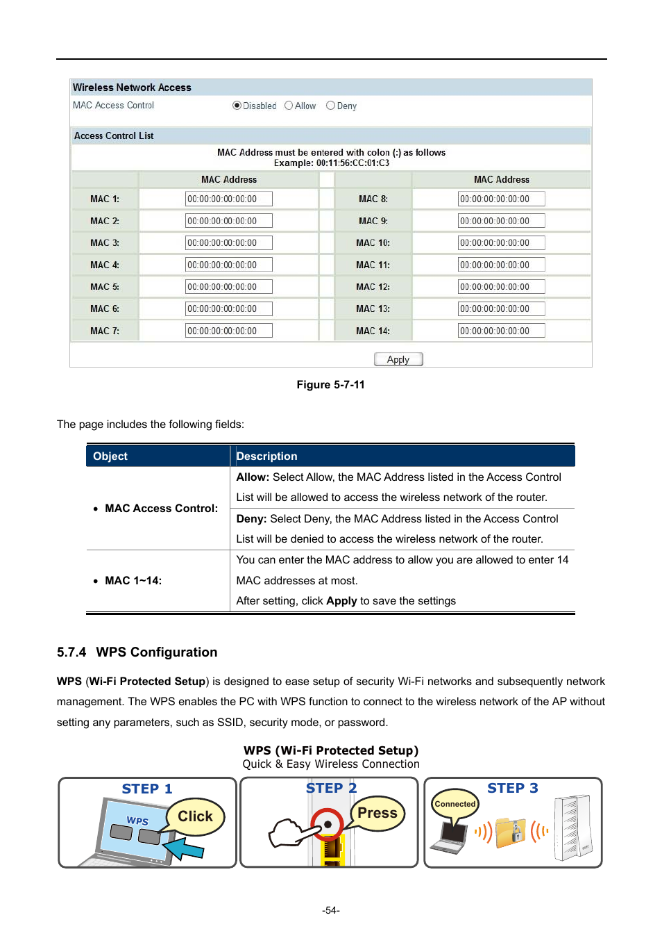 4 wps configuration, Wps configuration, Click | Press | PLANET WDRT-750AC User Manual | Page 60 / 90