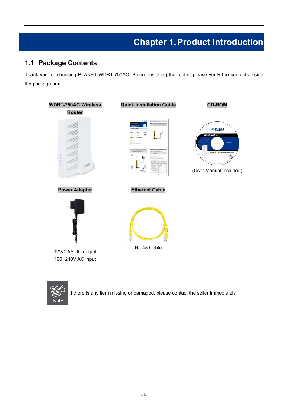 Chapter 1. product introduction, 1 package contents, Chapter 1 | Product introduction, Package contents | PLANET WDRT-750AC User Manual | Page 7 / 90