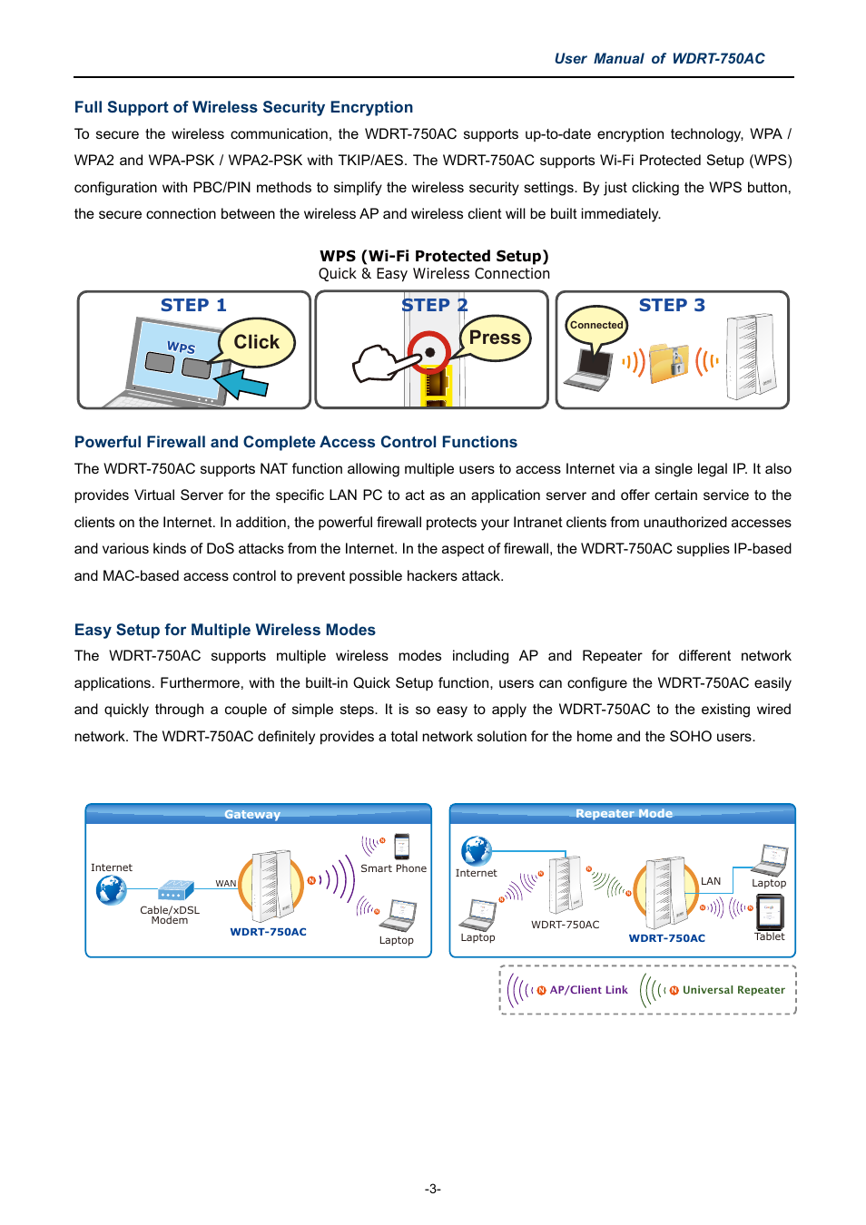 Click, Press, Step 1 | Step 3, Step 2, Full support of wireless security encryption, Easy setup for multiple wireless modes, User manual of wdrt-750ac, Wps (wi-fi protected setup) | PLANET WDRT-750AC User Manual | Page 9 / 90