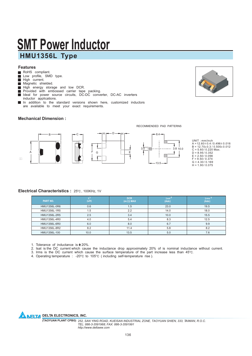 Delta Electronics SMT Power Inductor HMU1356L User Manual | 1 page