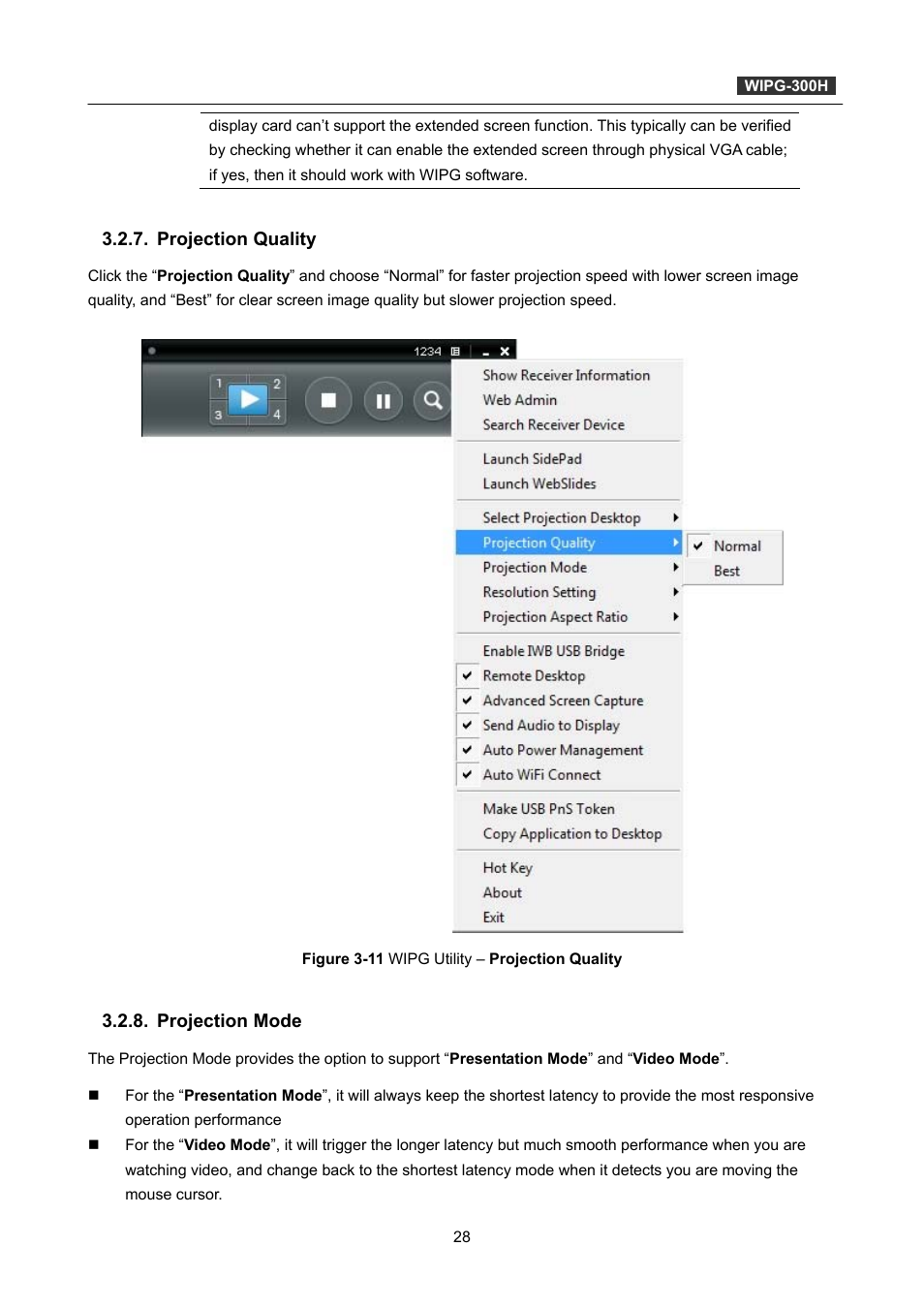 Projection quality, Projection mode | PLANET WIPG-300H User Manual | Page 28 / 77