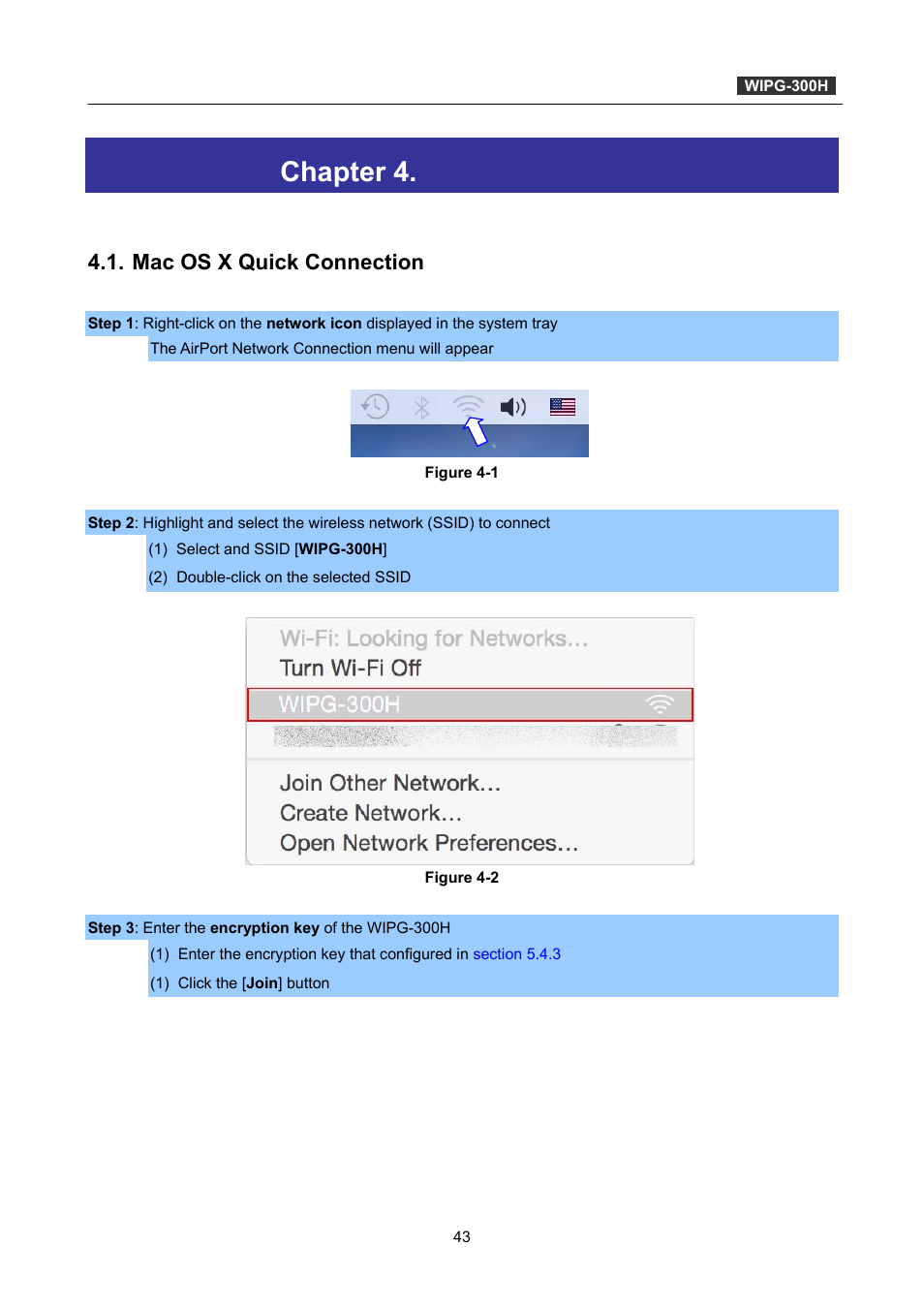Chapter 4. mac os x client utility, Mac os x quick connection, Chapter 4 | Mac os x client utility | PLANET WIPG-300H User Manual | Page 43 / 77