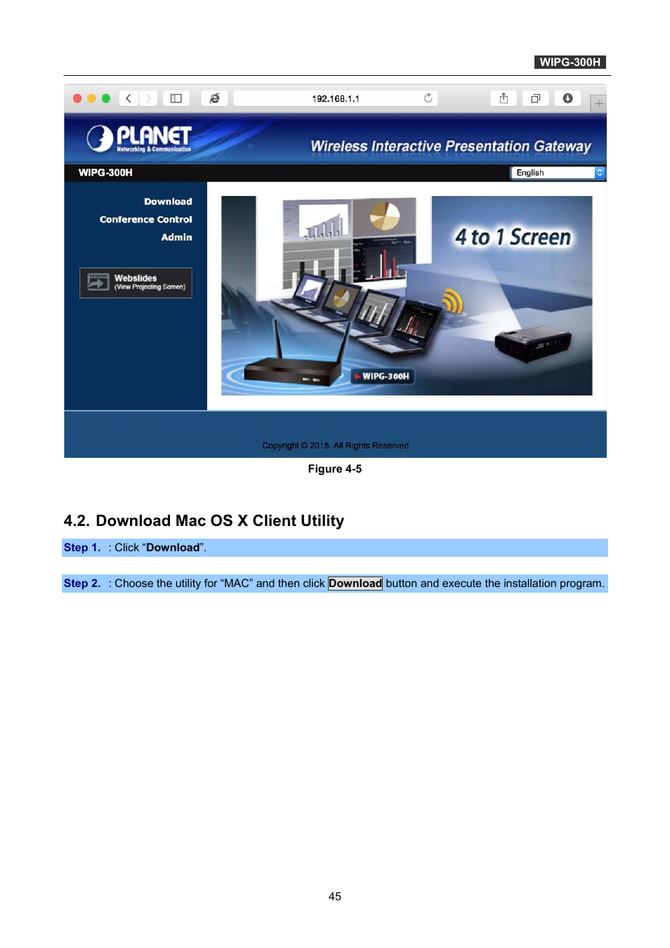 Download mac os x client utility | PLANET WIPG-300H User Manual | Page 45 / 77