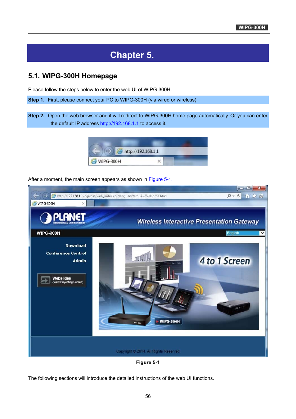 Chapter 5. web ui management, Chapter 5, Web ui management | Wipg-300h homepage | PLANET WIPG-300H User Manual | Page 56 / 77