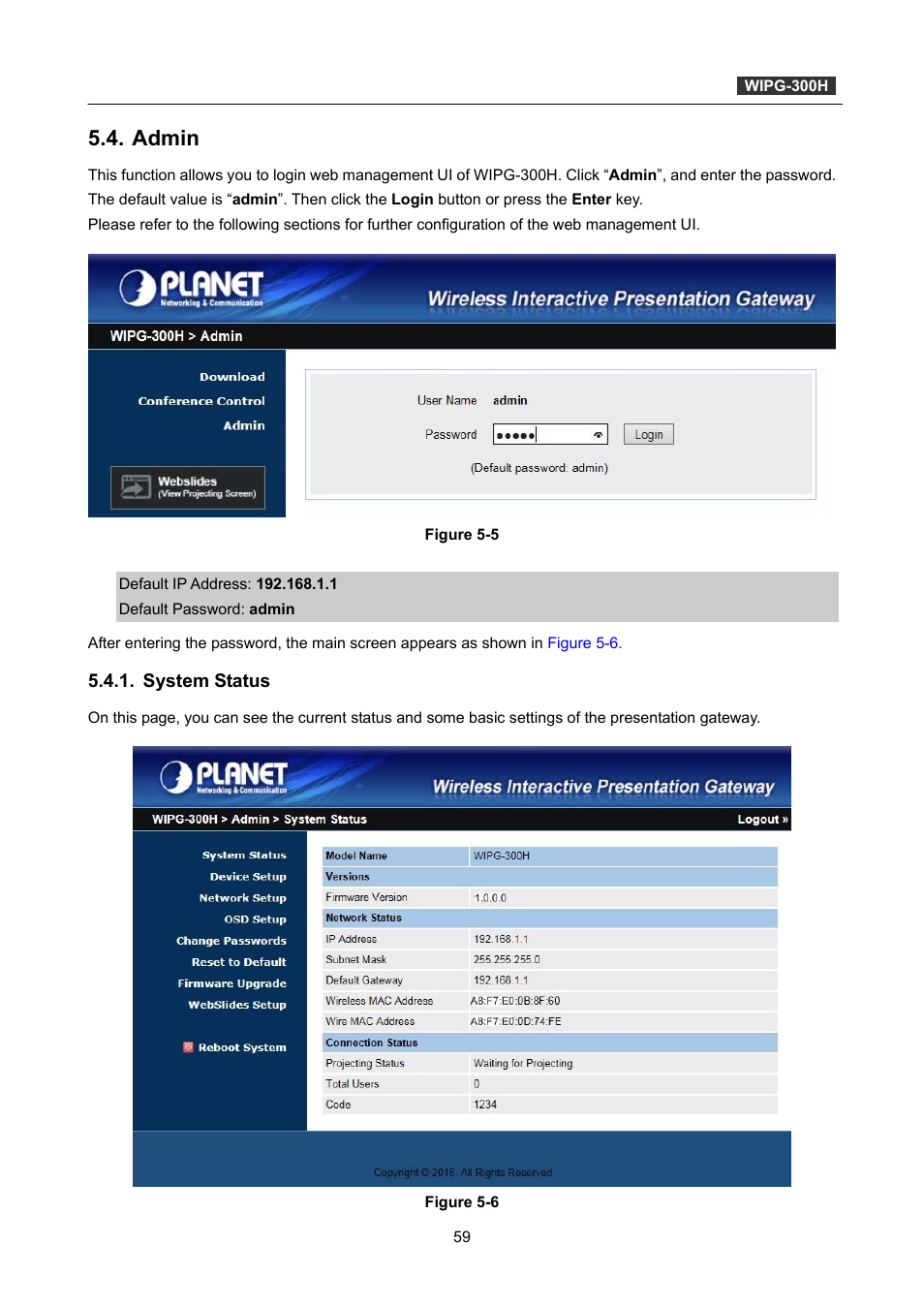 Admin, System status | PLANET WIPG-300H User Manual | Page 59 / 77