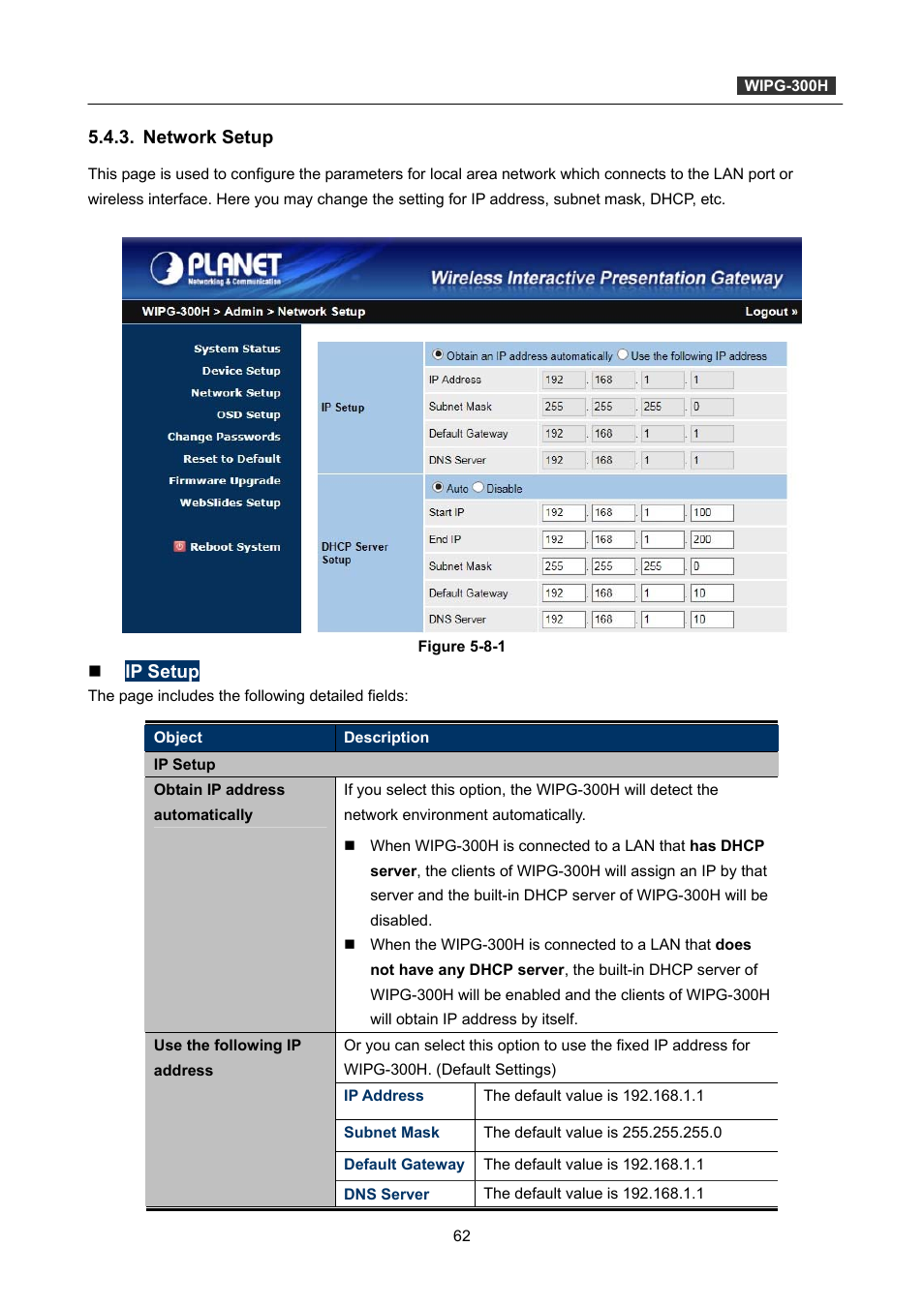 Network setup | PLANET WIPG-300H User Manual | Page 62 / 77