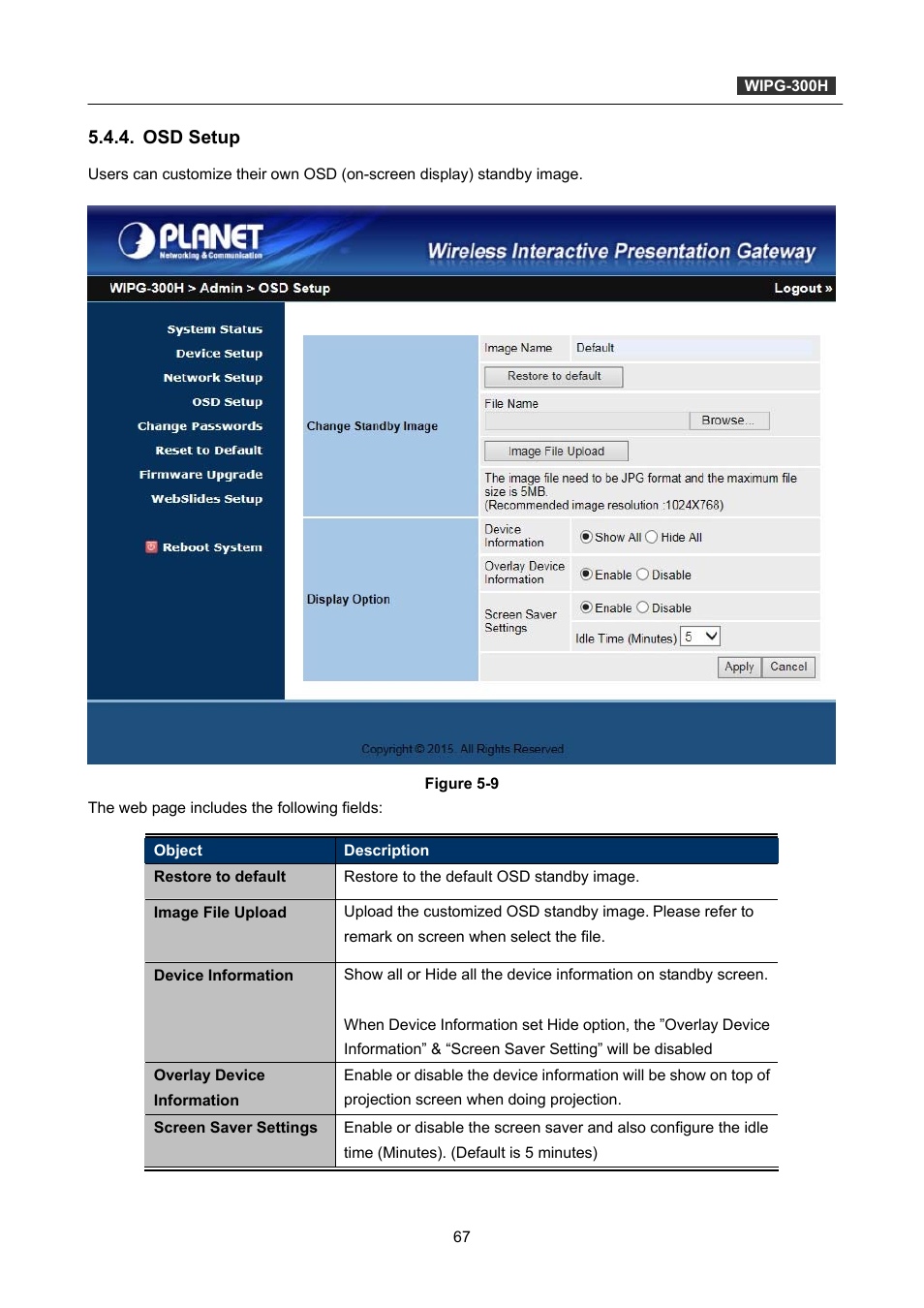 Osd setup | PLANET WIPG-300H User Manual | Page 67 / 77