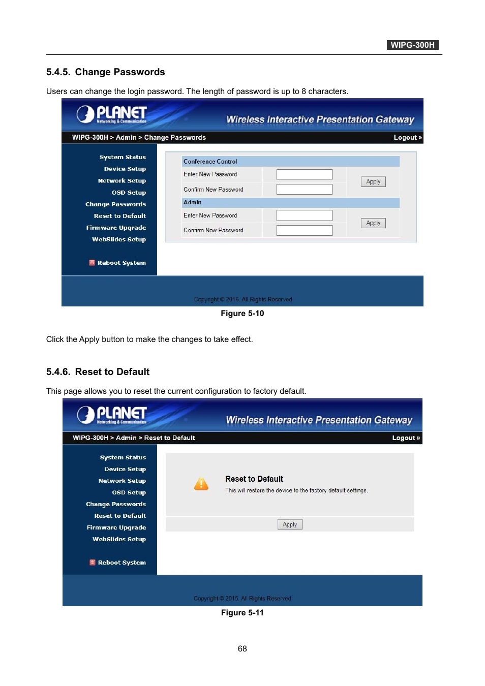 Change passwords, Reset to default | PLANET WIPG-300H User Manual | Page 68 / 77