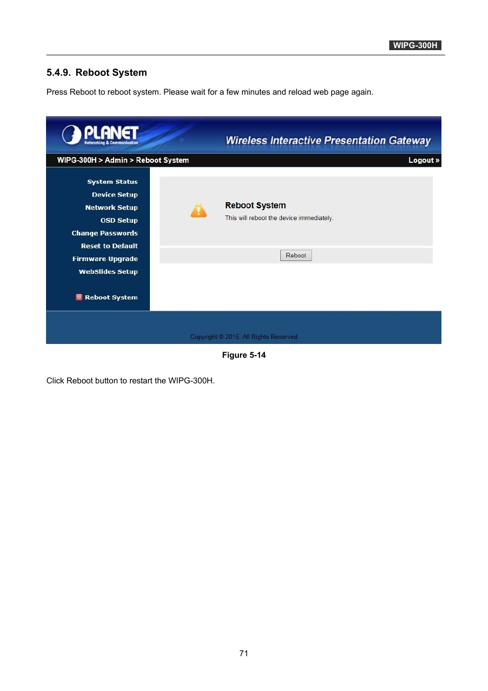 Reboot system | PLANET WIPG-300H User Manual | Page 71 / 77