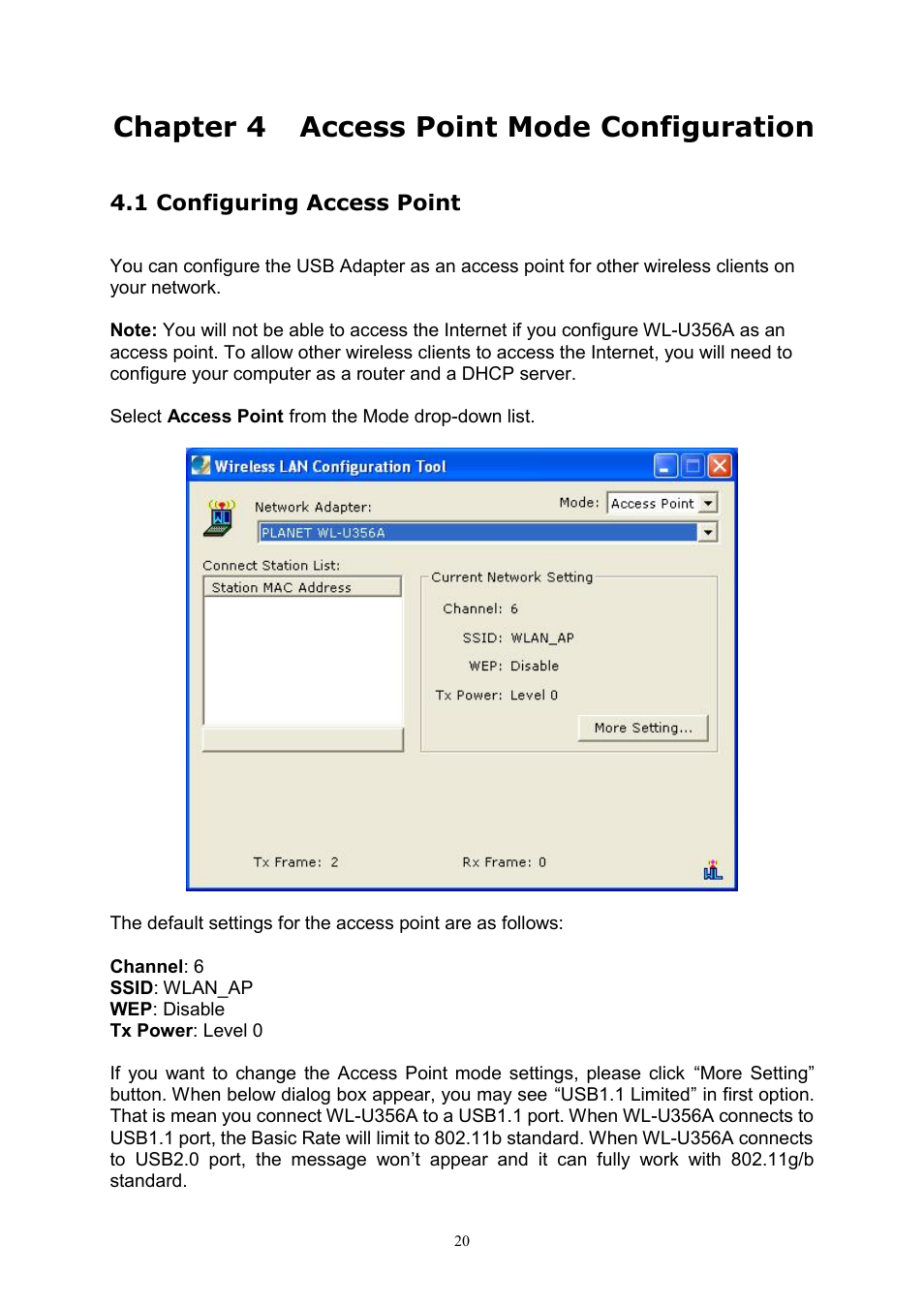 Chapter 4 access point mode configuration, 1 configuring access point | PLANET WL-U356A User Manual | Page 24 / 34