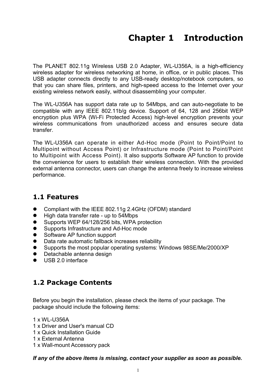 Chapter 1 introduction, 1 features, 2 package contents | PLANET WL-U356A User Manual | Page 5 / 34
