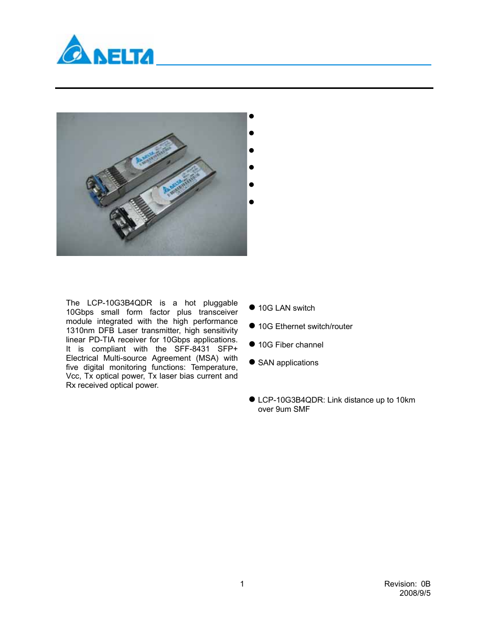 Delta Electronics 10GBASE-LR SFP+ Optical Transceiver LCP-10G3B4QDR User Manual | 14 pages
