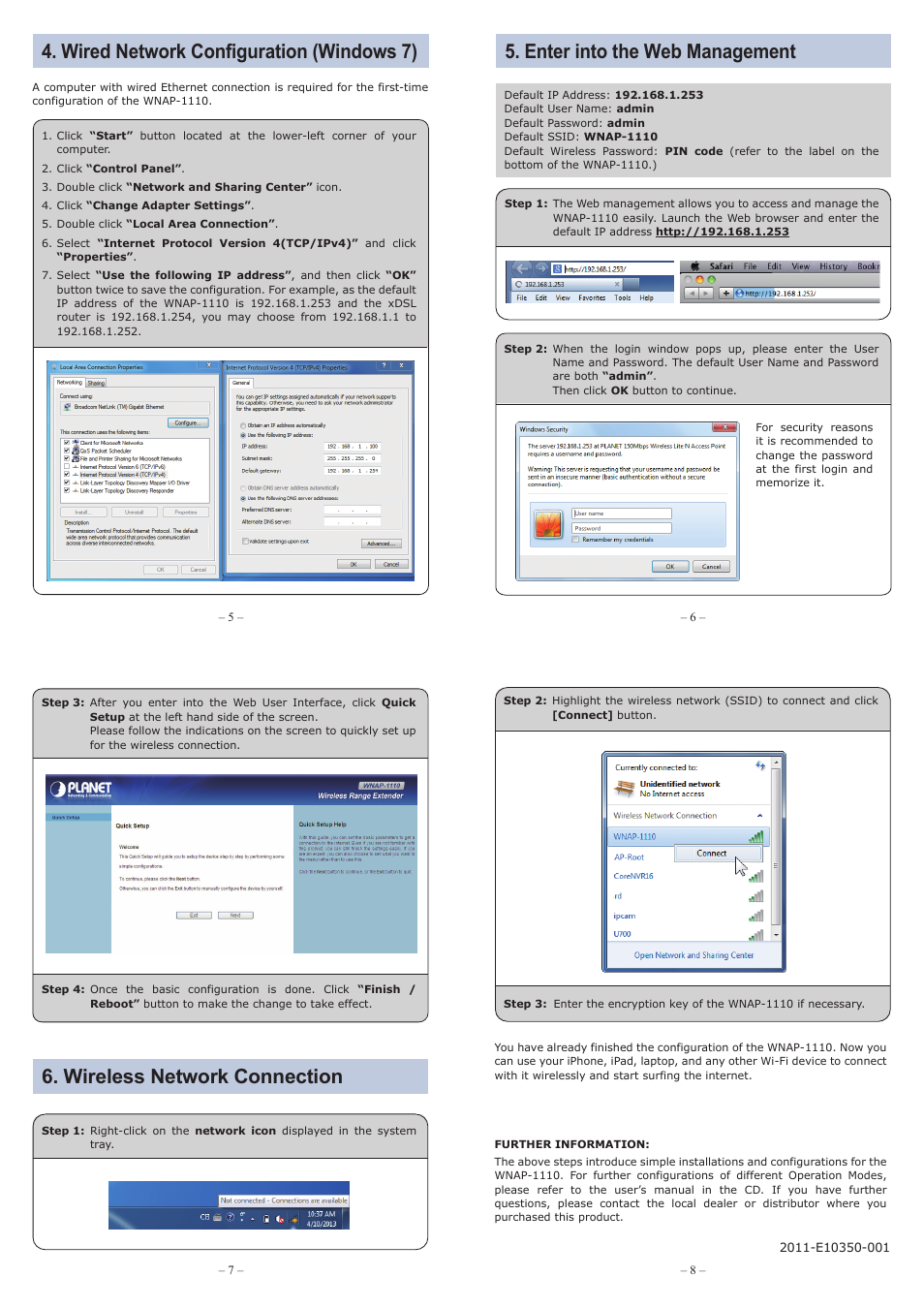 Wired network configuration (windows 7), Enter into the web management, Wireless network connection | PLANET WNAP-1110 User Manual | Page 2 / 2