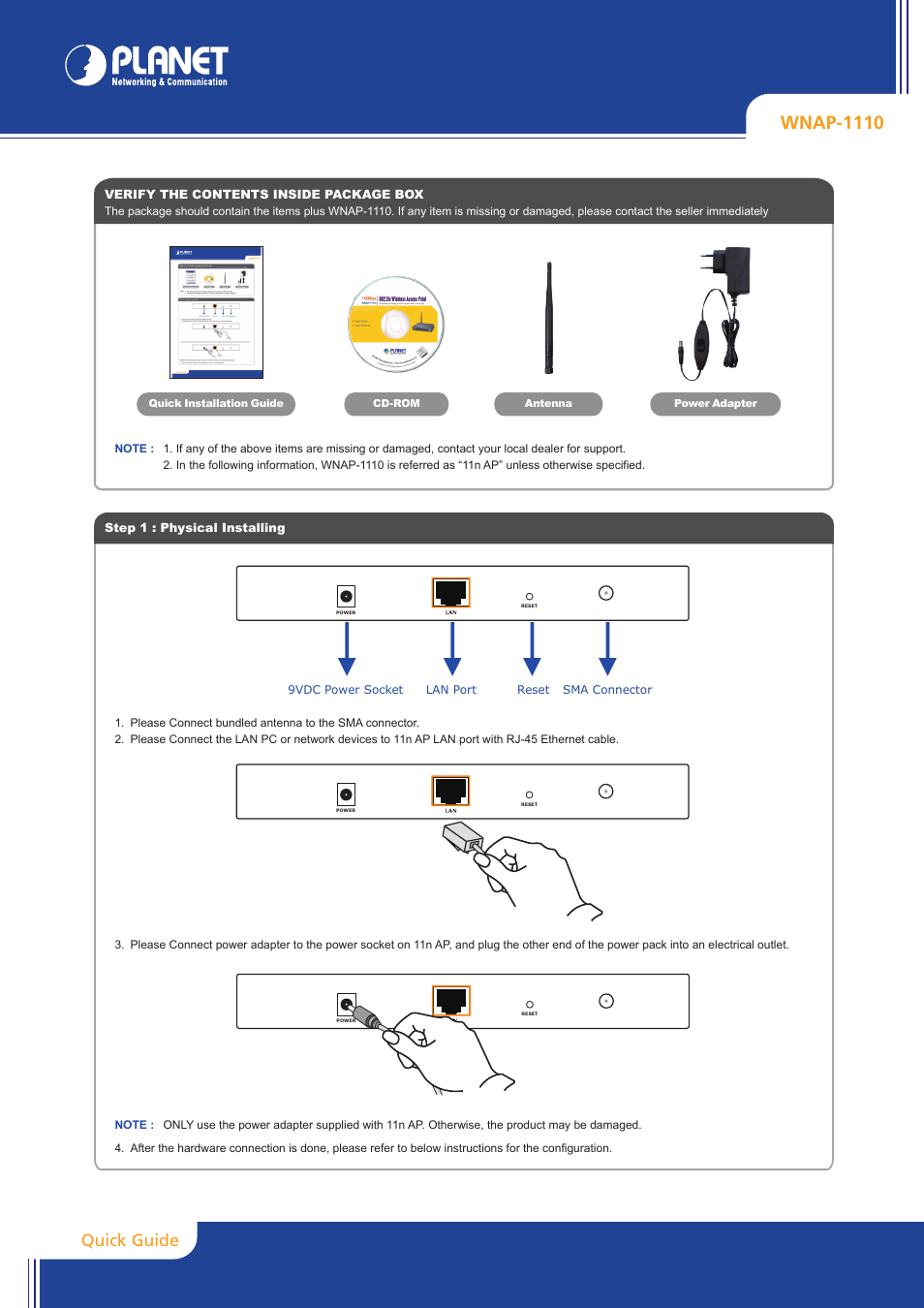 PLANET WNAP-1110 User Manual | 2 pages