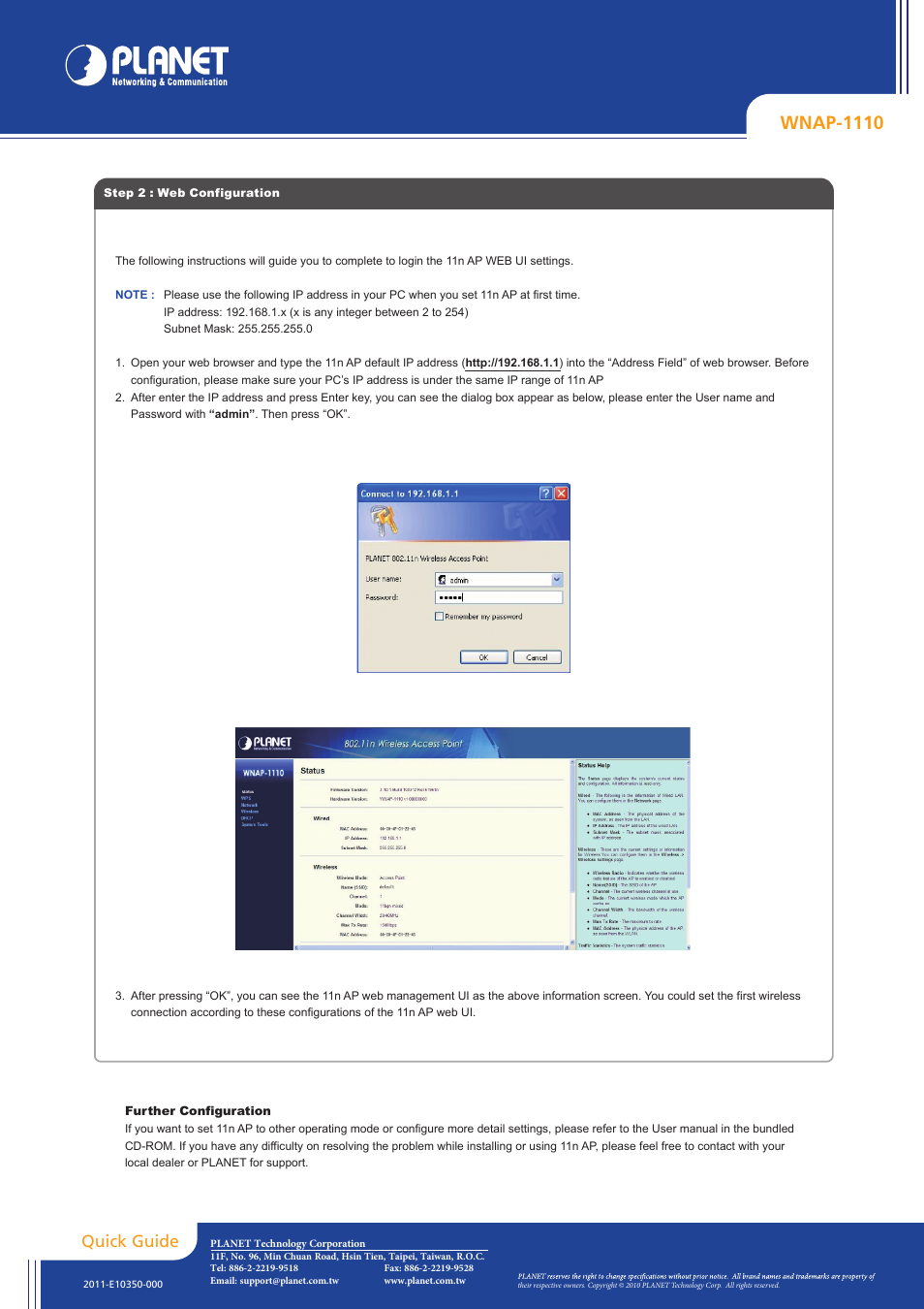 Wnap-1110, Quick guide | PLANET WNAP-1110 User Manual | Page 2 / 2
