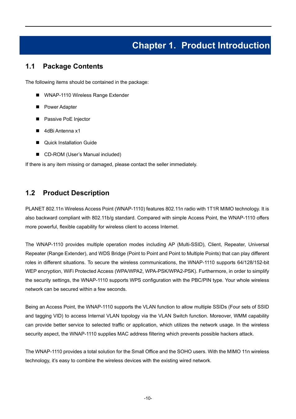Chapter 1. product introduction, 1 package contents, 2 product description | Chapter 1, Product introduction, Package contents, Product description | PLANET WNAP-1110 User Manual | Page 10 / 112