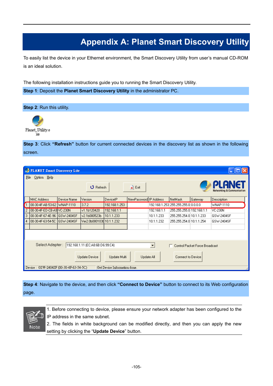 Appendix a: planet smart discovery utility | PLANET WNAP-1110 User Manual | Page 105 / 112