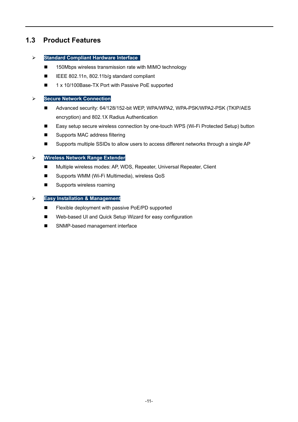 3 product features, Product features | PLANET WNAP-1110 User Manual | Page 11 / 112