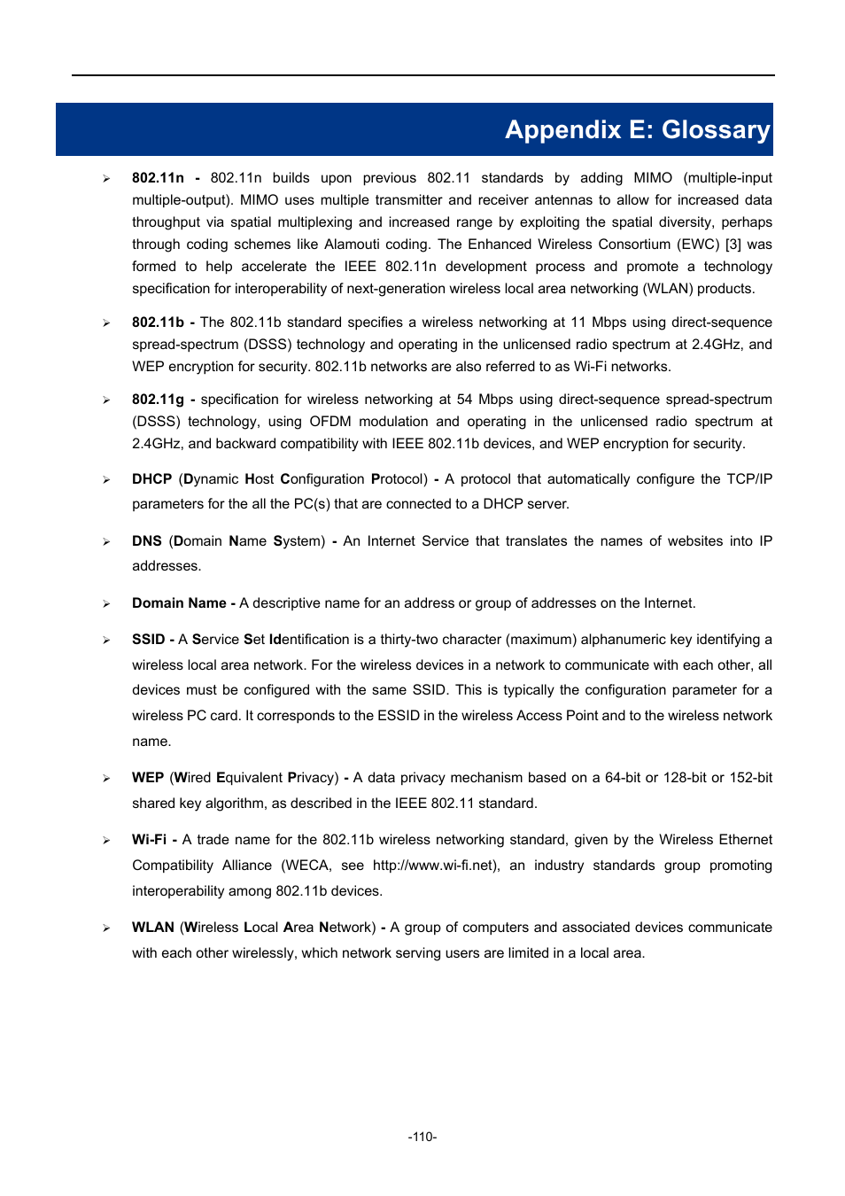 Appendix e: glossary | PLANET WNAP-1110 User Manual | Page 110 / 112