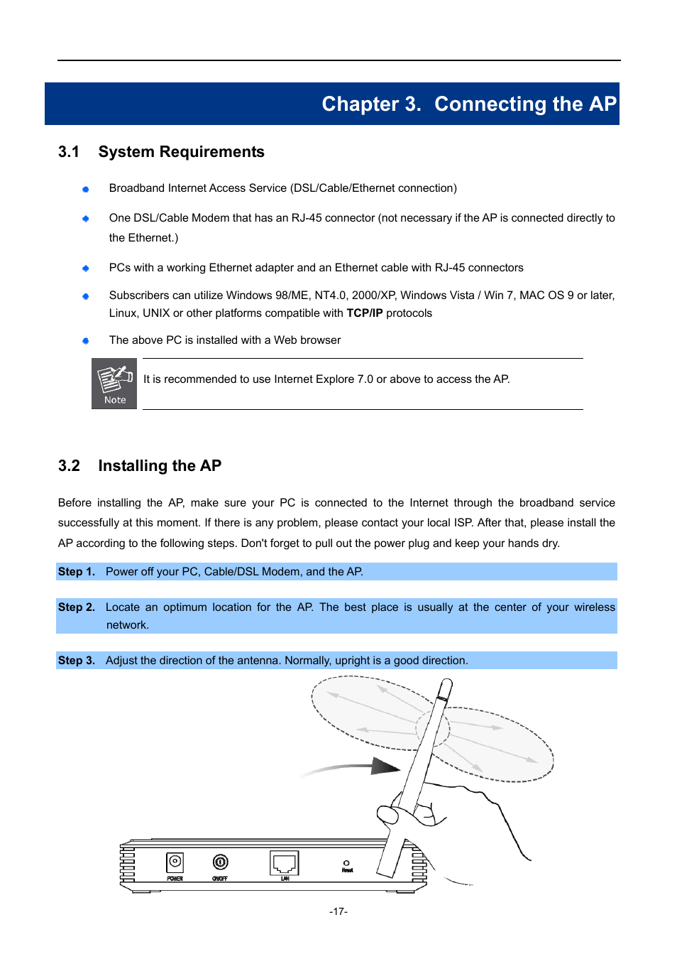 Chapter 3. connecting the ap, 1 system requirements, 2 installing the ap | Chapter 3, Connecting the ap, System requirements, Installing the ap | PLANET WNAP-1110 User Manual | Page 17 / 112