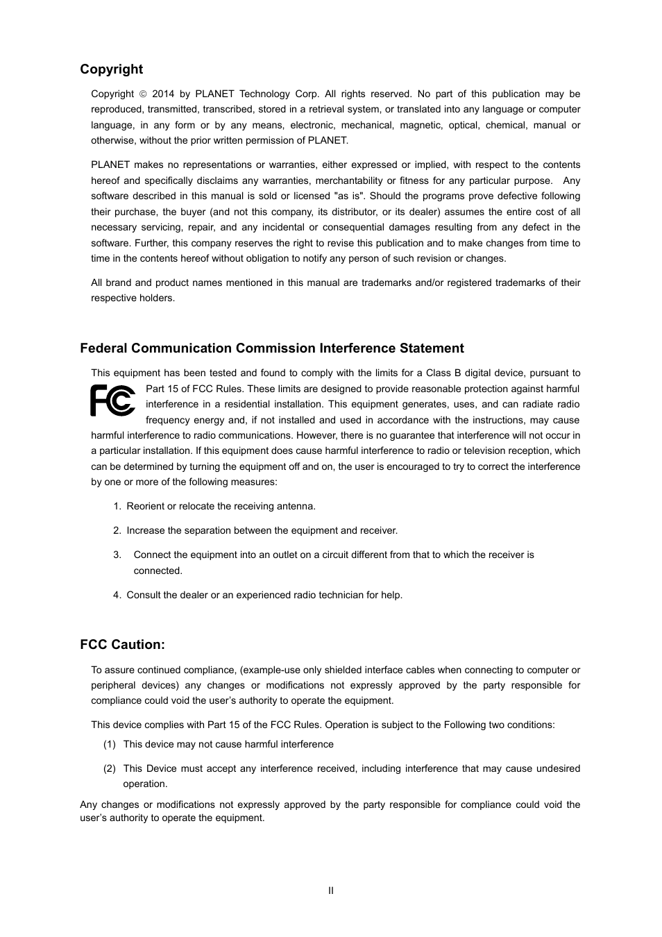 Copyright, Fcc caution | PLANET WNAP-1110 User Manual | Page 2 / 112