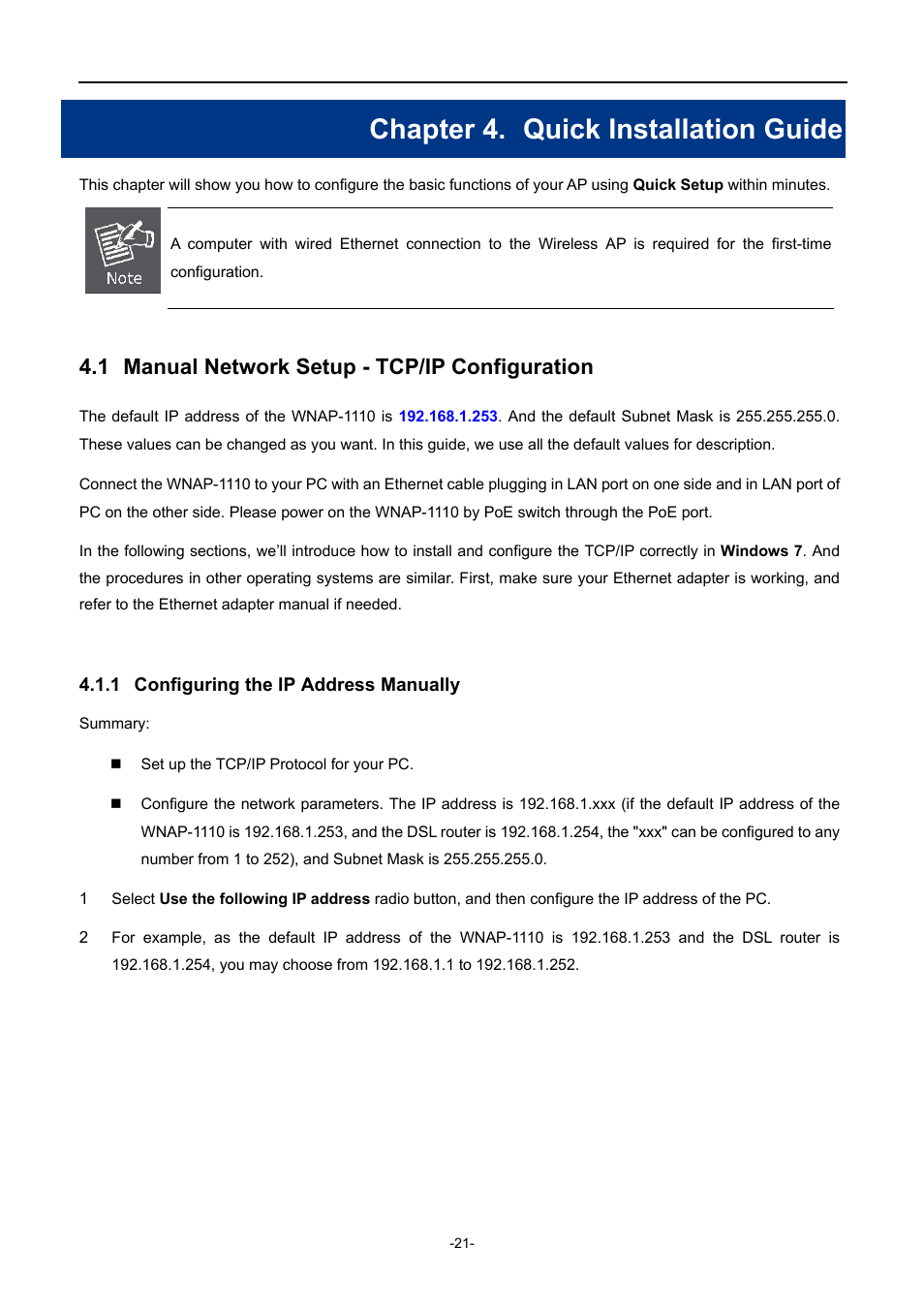 Chapter 4. quick installation guide, 1 manual network setup - tcp/ip configuration, 1 configuring the ip address manually | Chapter 4, Quick installation guide, Manual network setup - tcp/ip configuration, Configuring the ip address manually | PLANET WNAP-1110 User Manual | Page 21 / 112