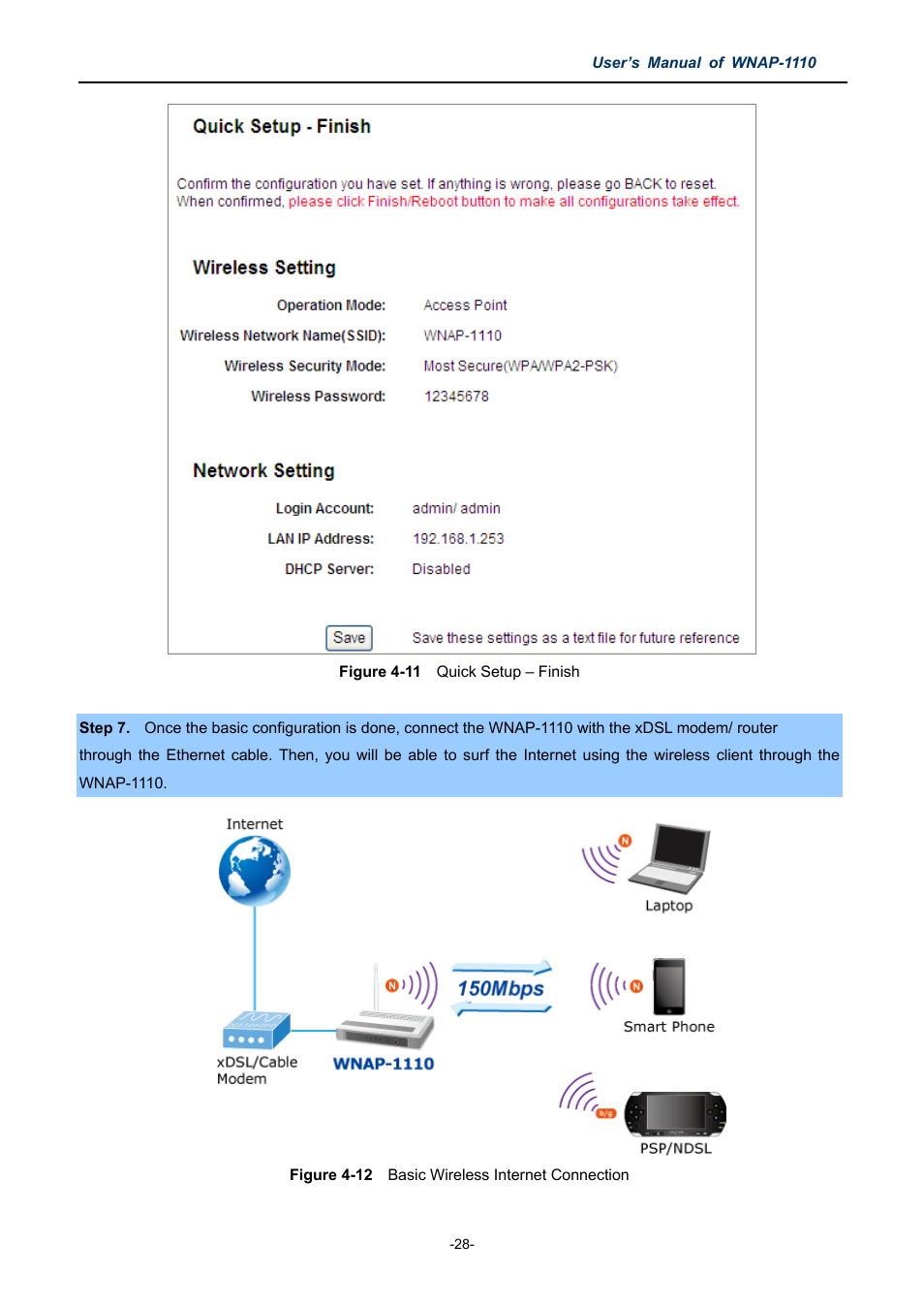 Igure, Uick, Etup | Inish, Asic, Ireless, Nternet, Onnection | PLANET WNAP-1110 User Manual | Page 28 / 112