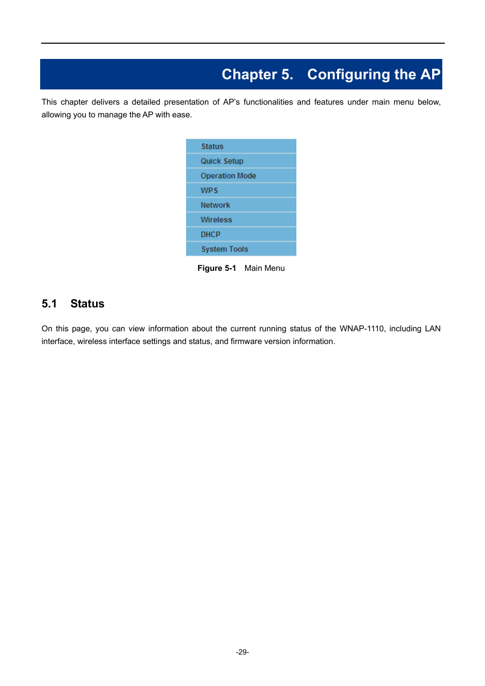 Chapter 5. configuring the ap, 1 status, Chapter 5 | Configuring the ap, Status, Igure | PLANET WNAP-1110 User Manual | Page 29 / 112