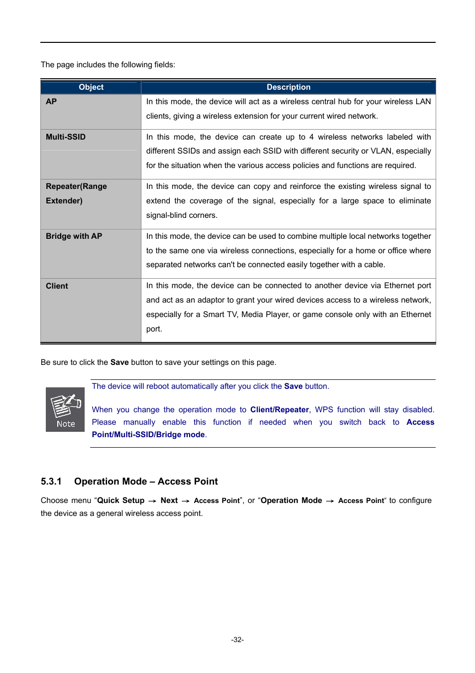 1 operation mode – access point, Operation mode – access point | PLANET WNAP-1110 User Manual | Page 32 / 112