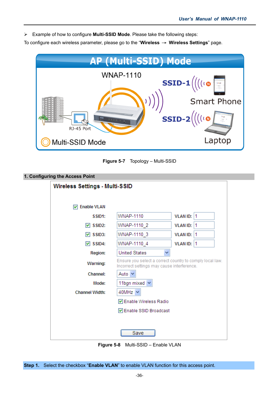 Igure, Opology, Ulti | Ssid, Nable, Vlan | PLANET WNAP-1110 User Manual | Page 36 / 112